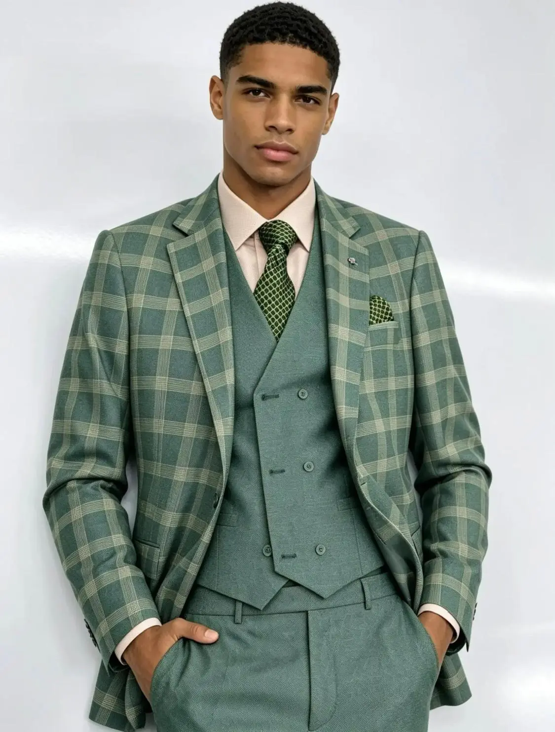 Olive Check Three-Piece Suit